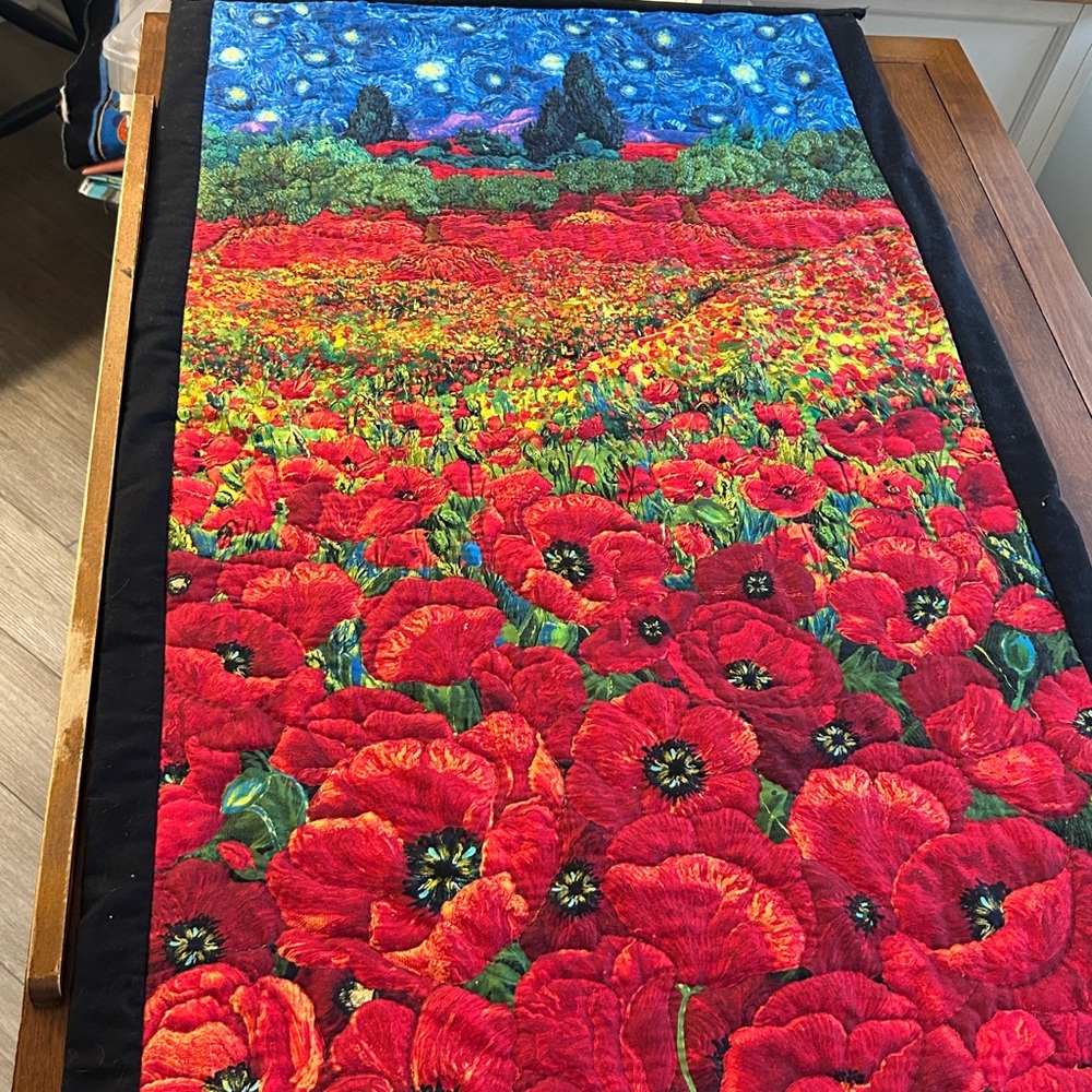 Red Poppy Field Art Quilt Panel with Night Sky